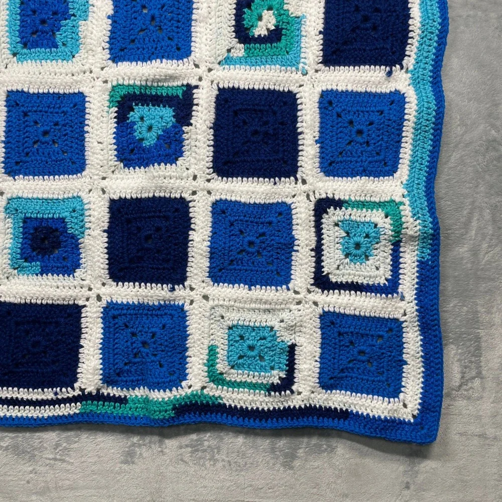 Handmade Granny Square Crochet Blanket Blue White Teal Throw Cozy 39 x 32